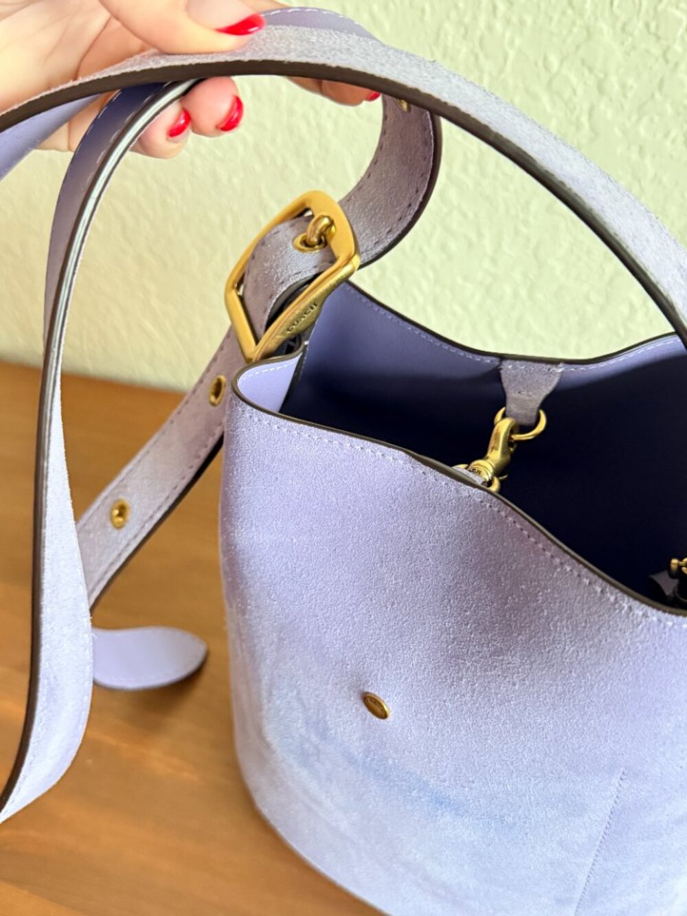 Coach Bleecker Bucket Bag 21 Violet Mist Suede Lavender Brass Removable Pouch - Picture 11 of 14
